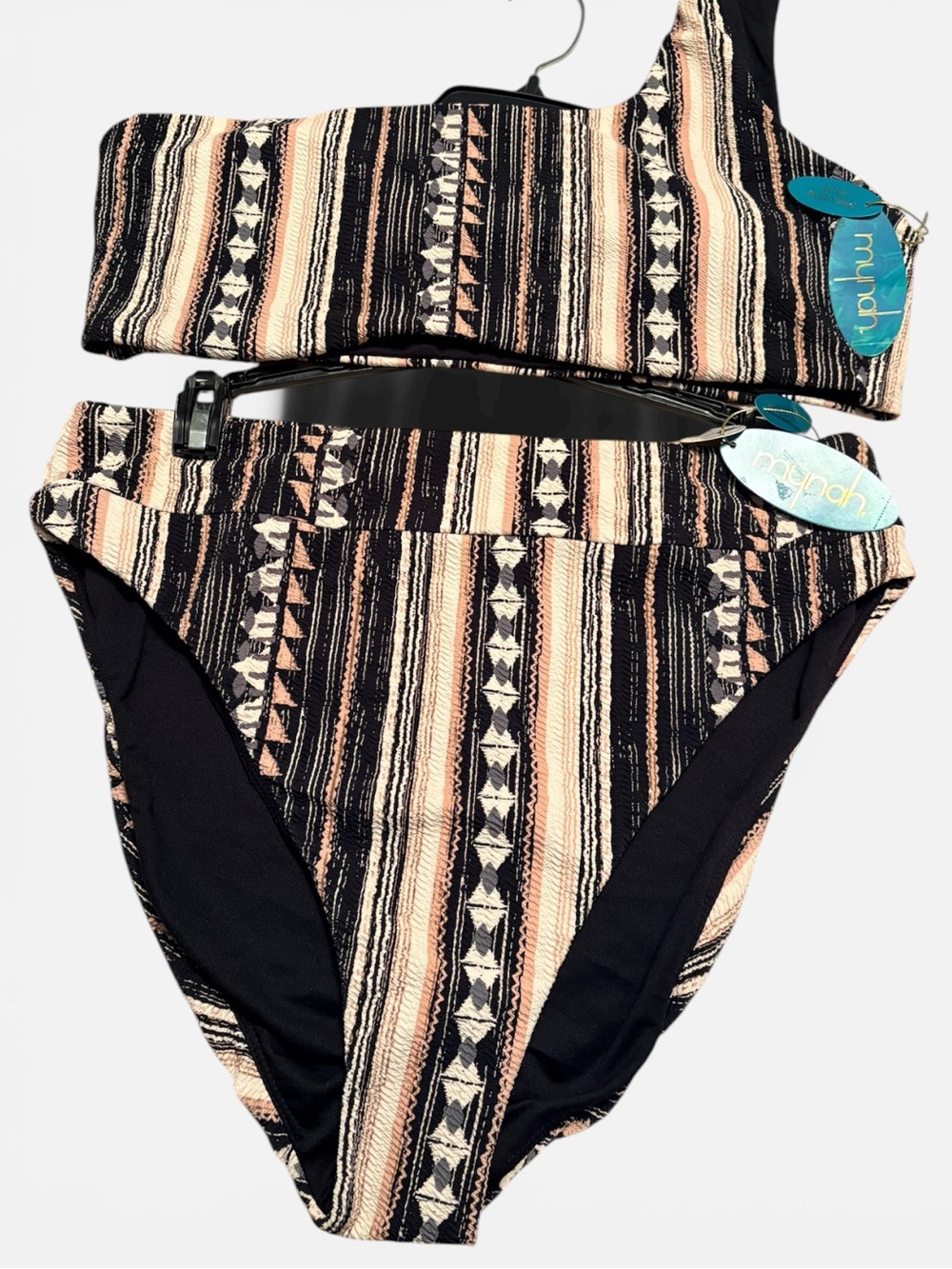 2 Pc Mynah XL High Waisted Cheeky Bikini Set One Shoulder Aztec Tribal Print